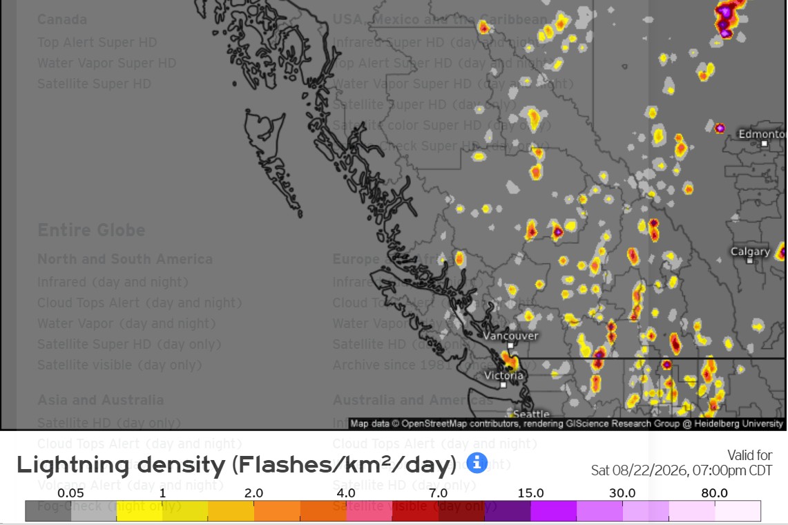 Figure 2. ECMWF 12-hour lightning density forecast for BC on August 22nd, 2026.